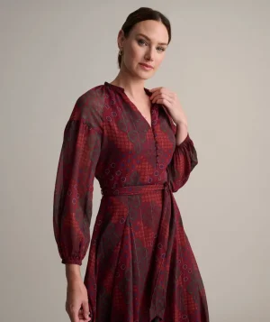 Shirts|Dresses>UNTUCKit Georgette Carly Dress Red Diamond Patchwork Print