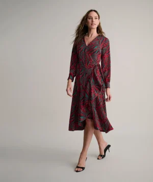 Shirts|Dresses>UNTUCKit Satin Paisley Wrap Kayla Dress Red Black & Green Paisley Print