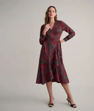 Shirts|Dresses>UNTUCKit Satin Paisley Wrap Kayla Dress Red Black & Green Paisley Print