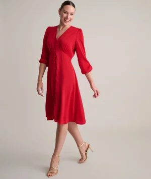 Shirts|Dresses>UNTUCKit Satin V-Neck Malorie Dress Solid Red
